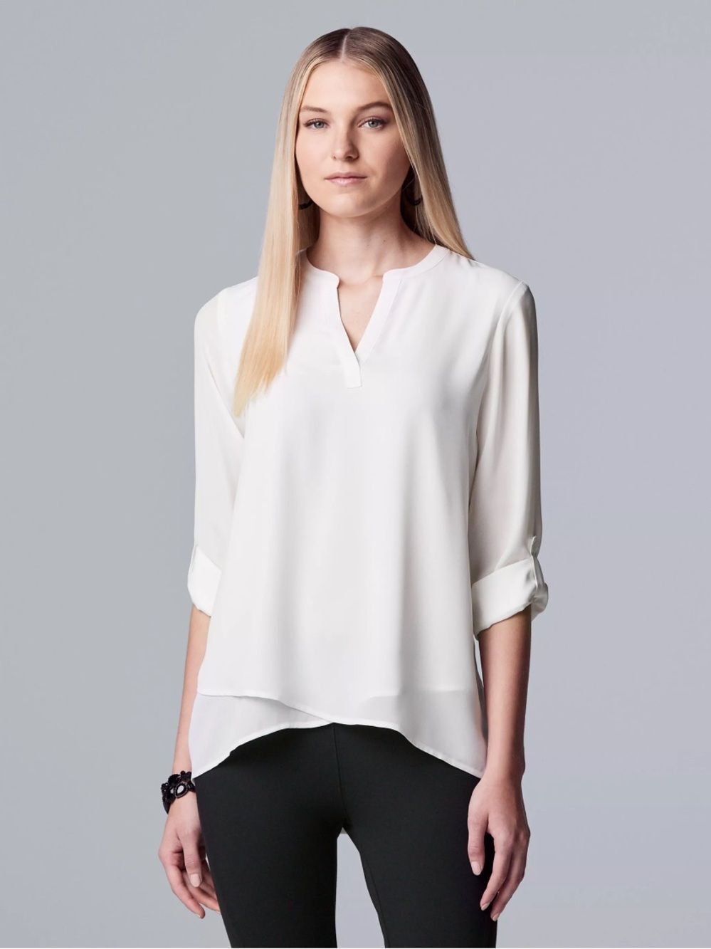 THE LIMITED XS White V-Neck Quarter Sleeve Cross Layers Asymmetrical Tunic